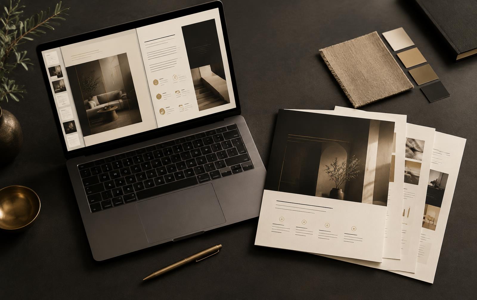 Proposta profissional aberta em um notebook e impressa sobre uma mesa